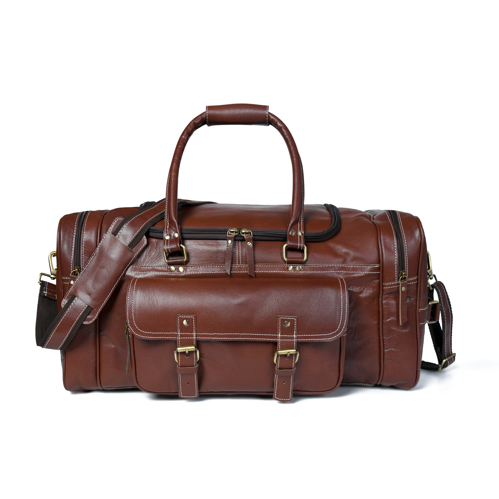 Brown leather duffel bag with gold buckles on a white background