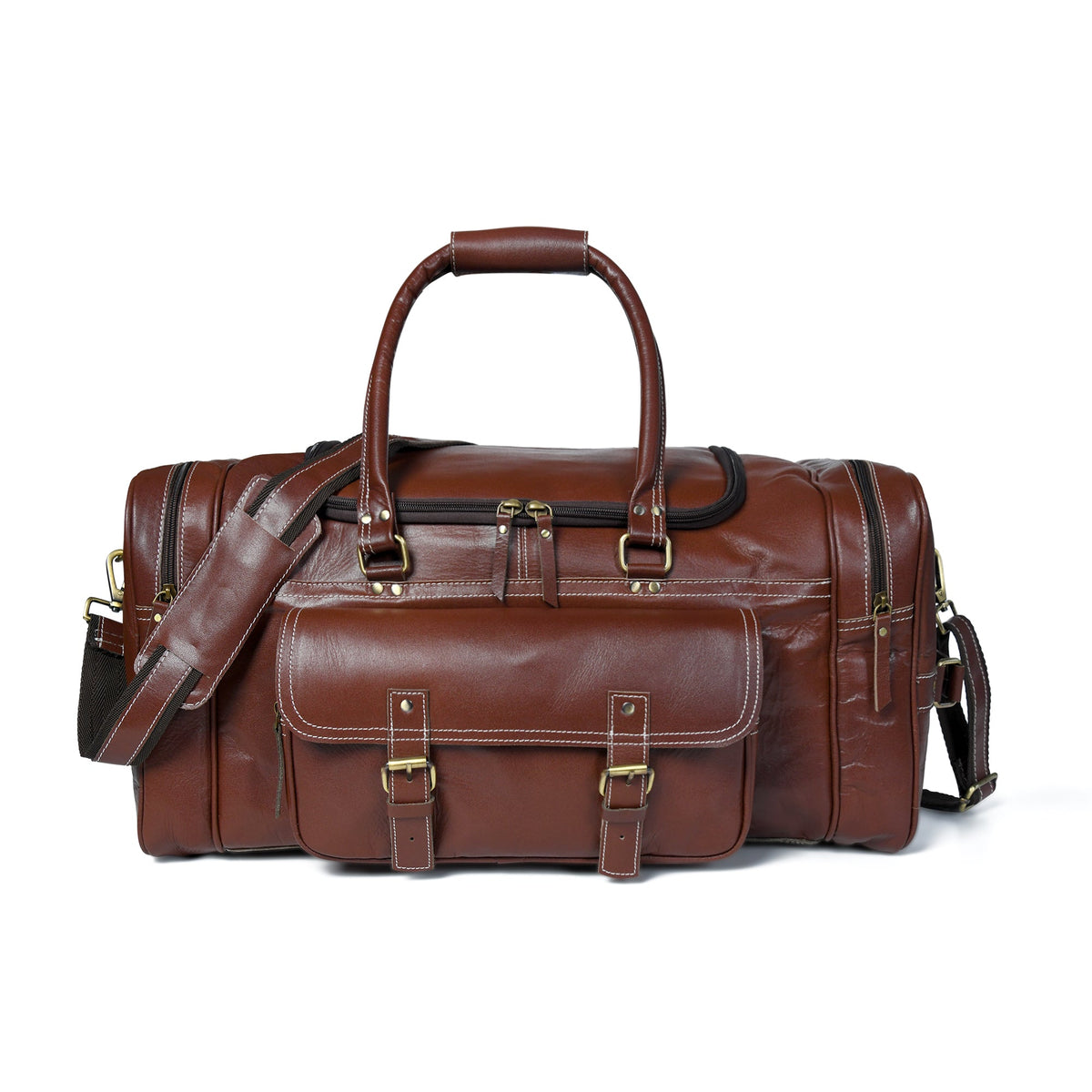 Brown leather duffel bag with gold buckles on a white background