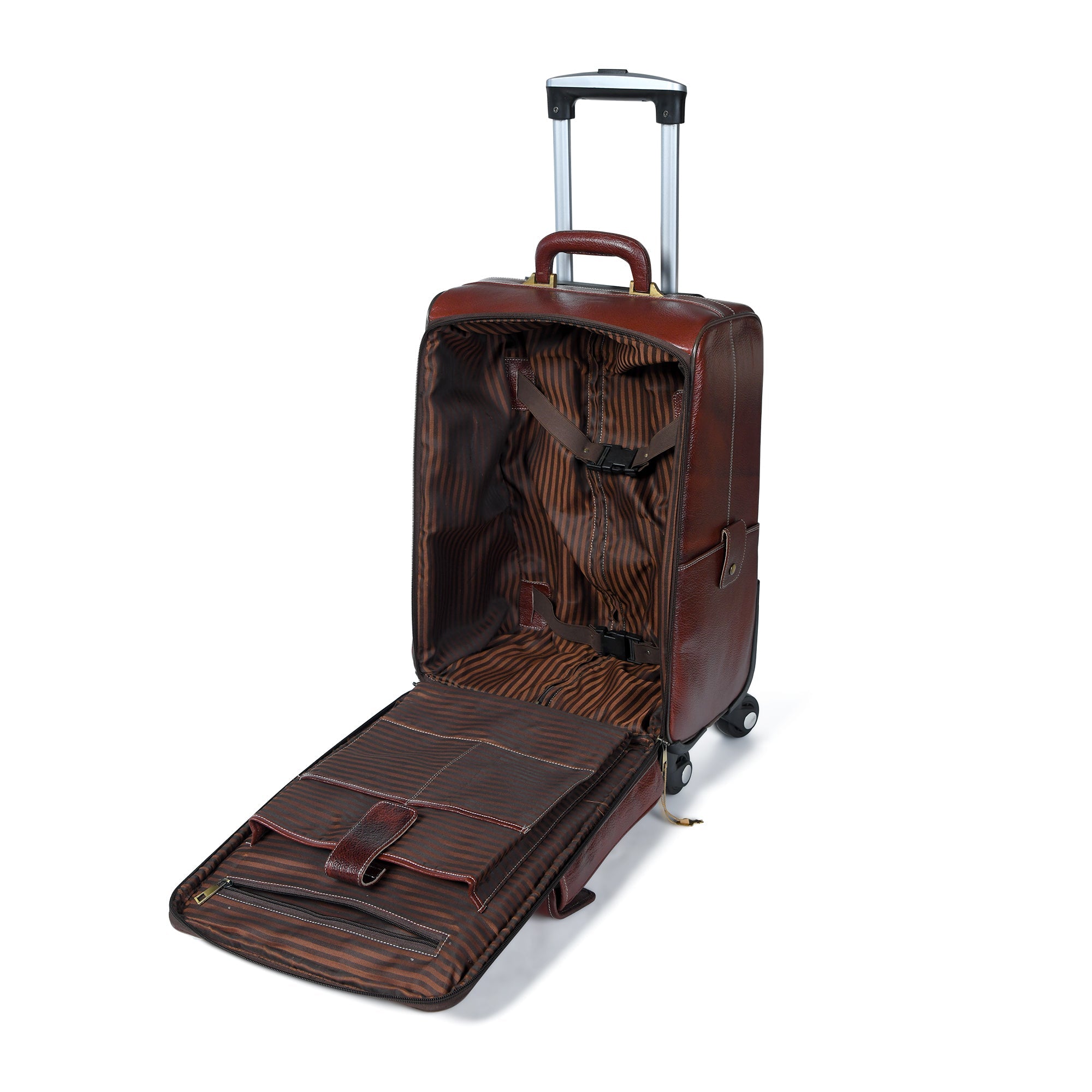 Brown suitcase with open compartment on a white background