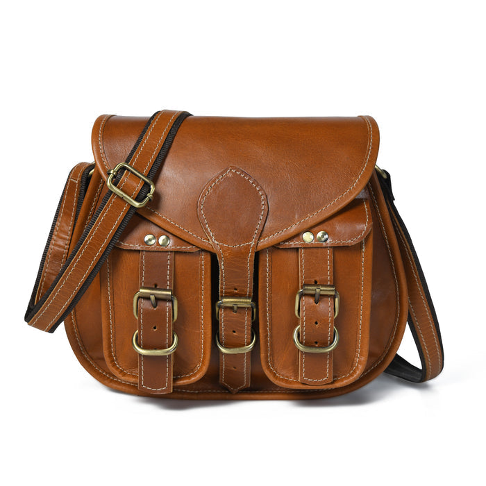 Brown leather satchel bag with gold buckles on a white background