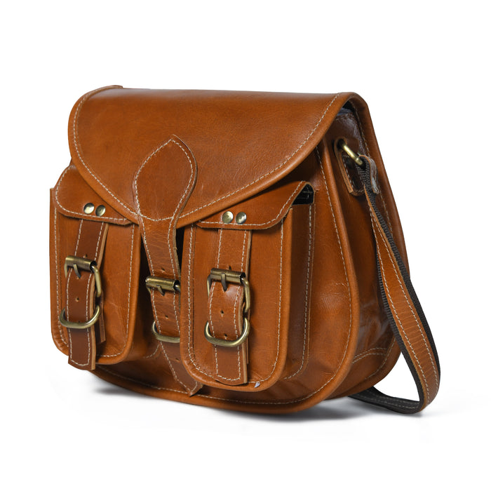 Brown leather satchel bag with gold buckles on a white background