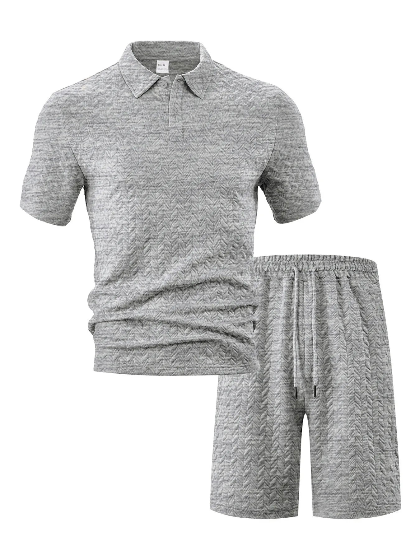 Premium matching men's summer polo shirt and lounge shorts ensemble in contemporary grey textured knit.