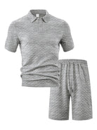 Premium matching men's summer polo shirt and lounge shorts ensemble in contemporary grey textured knit.