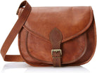 Brown leather satchel bag with a strap on a white background