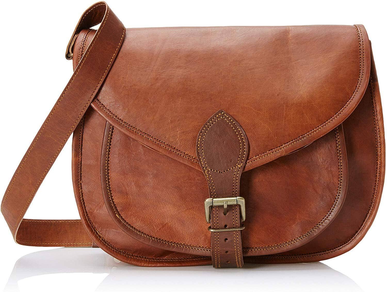 Brown leather satchel bag with a strap on a white background