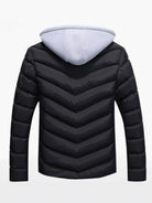Black puffer jacket with a gray hood on a white background