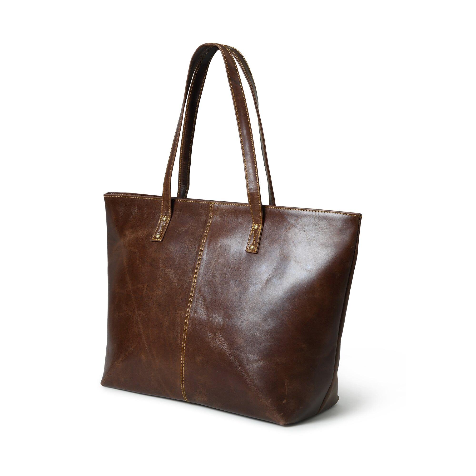 Brown leather tote bag on a white background
