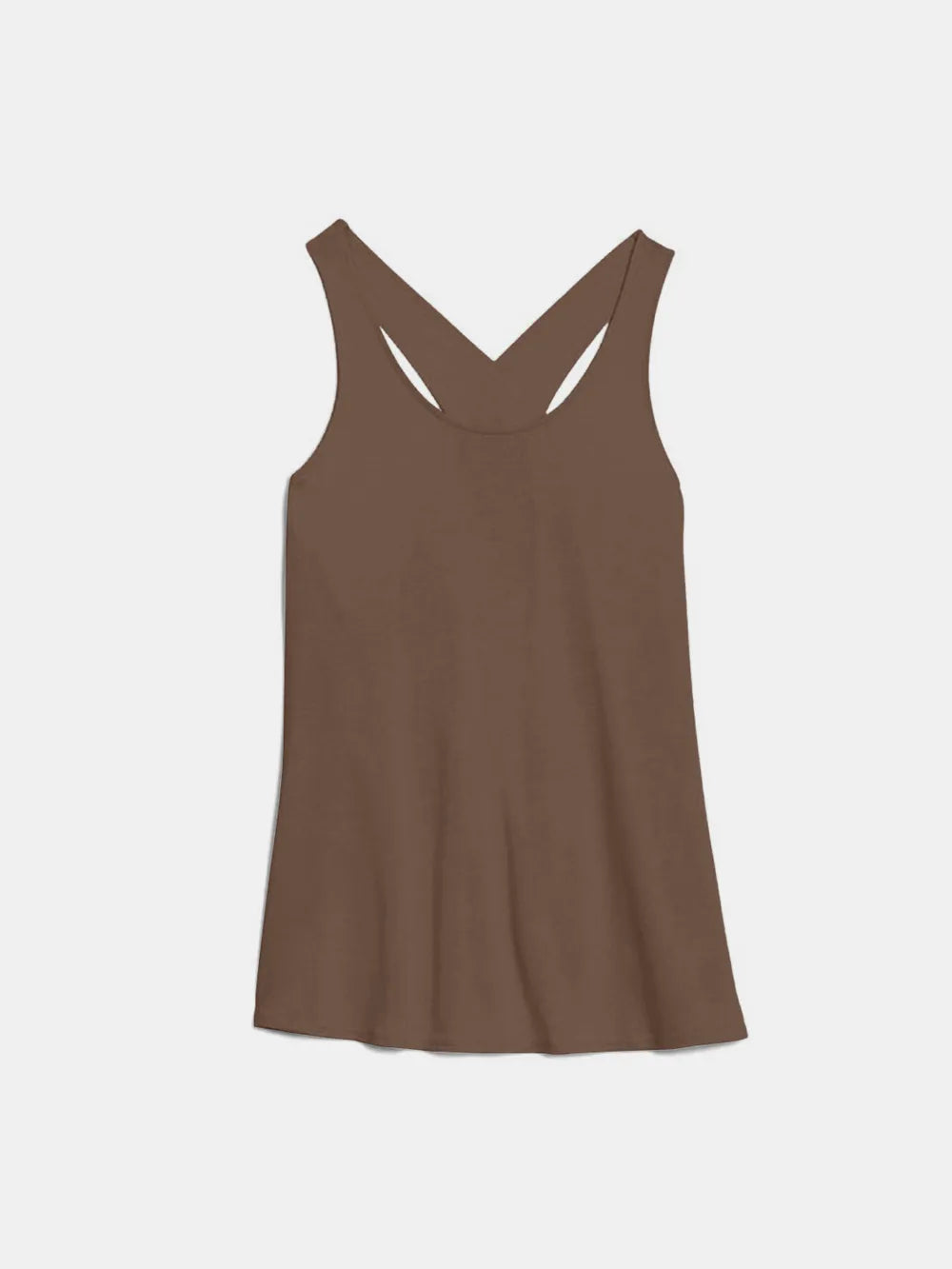 Front view of a model wearing the premium mocha activewear tank top showcasing the high-performance stretch fabric.