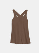 Front view of a model wearing the premium mocha activewear tank top showcasing the high-performance stretch fabric.