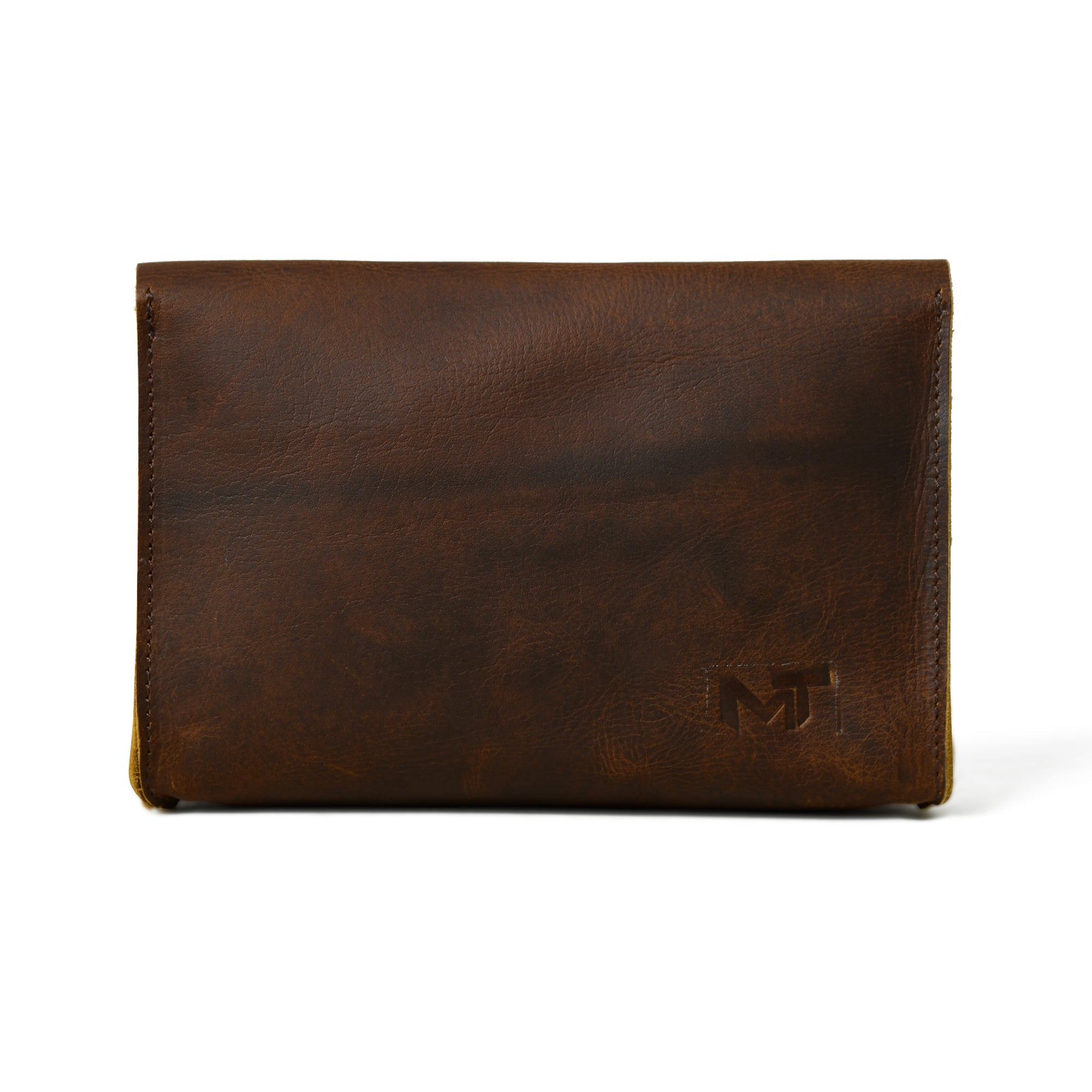 Brown leather wallet with a visible brand logo on a white background