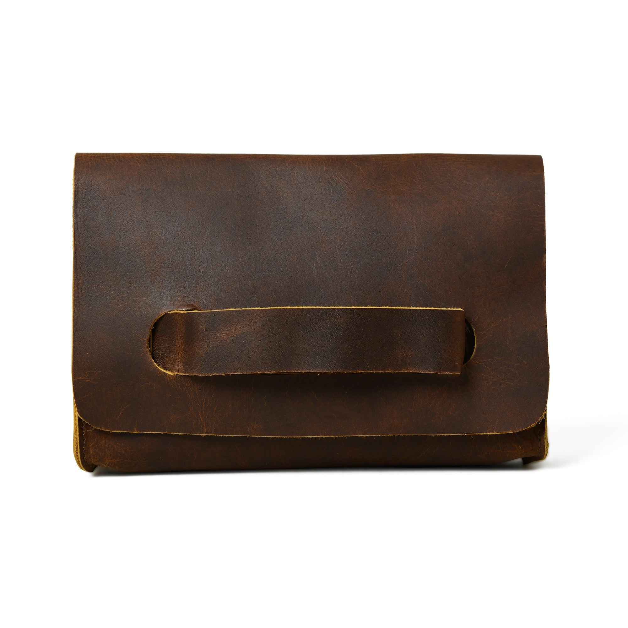 Brown leather clutch bag on a white background