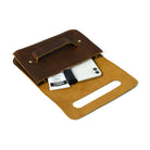 Brown buffalo leather phone case with a phone inside on a white background