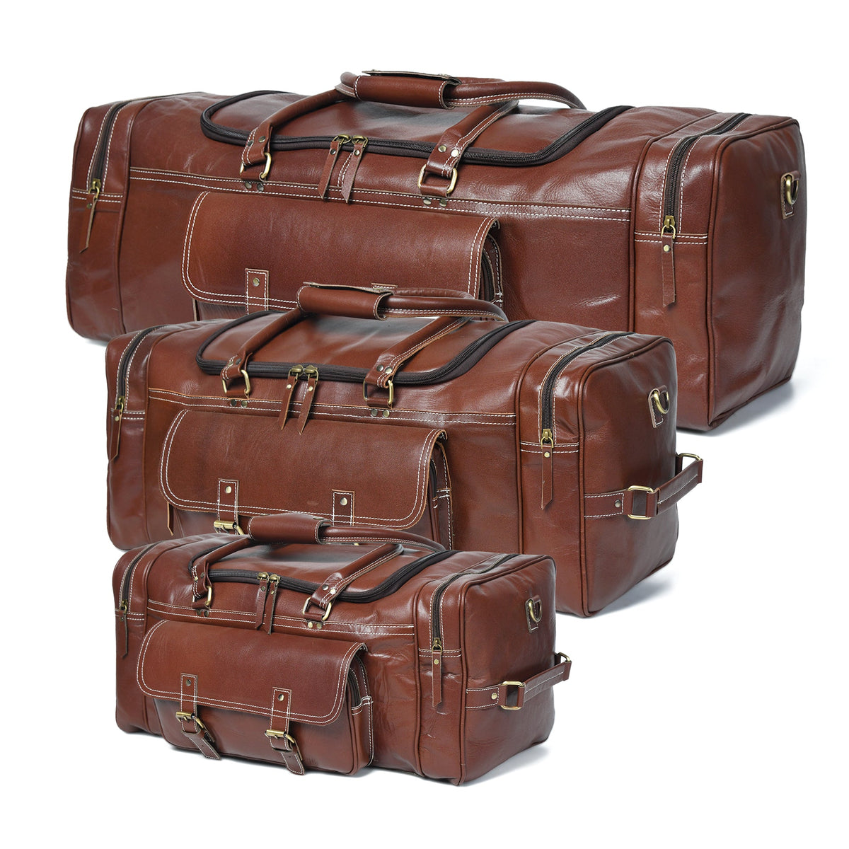 Set of three brown leather suitcases of different sizes on a white background