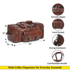 Brown leather duffel bag with features highlighted on a white background