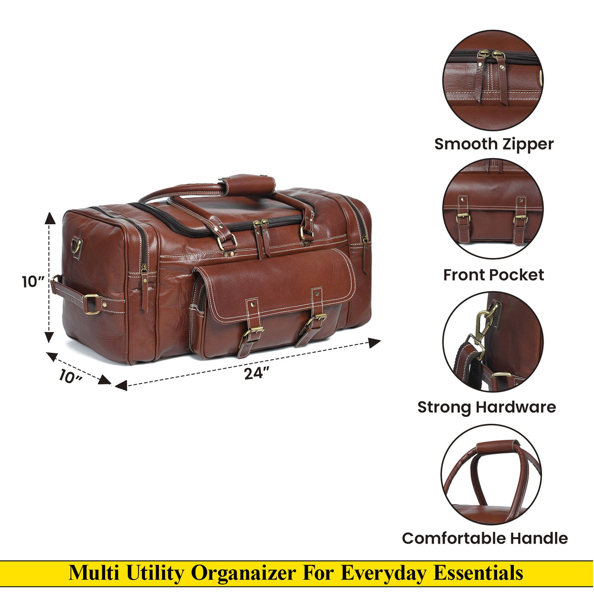 Brown leather duffel bag with features highlighted on a white background