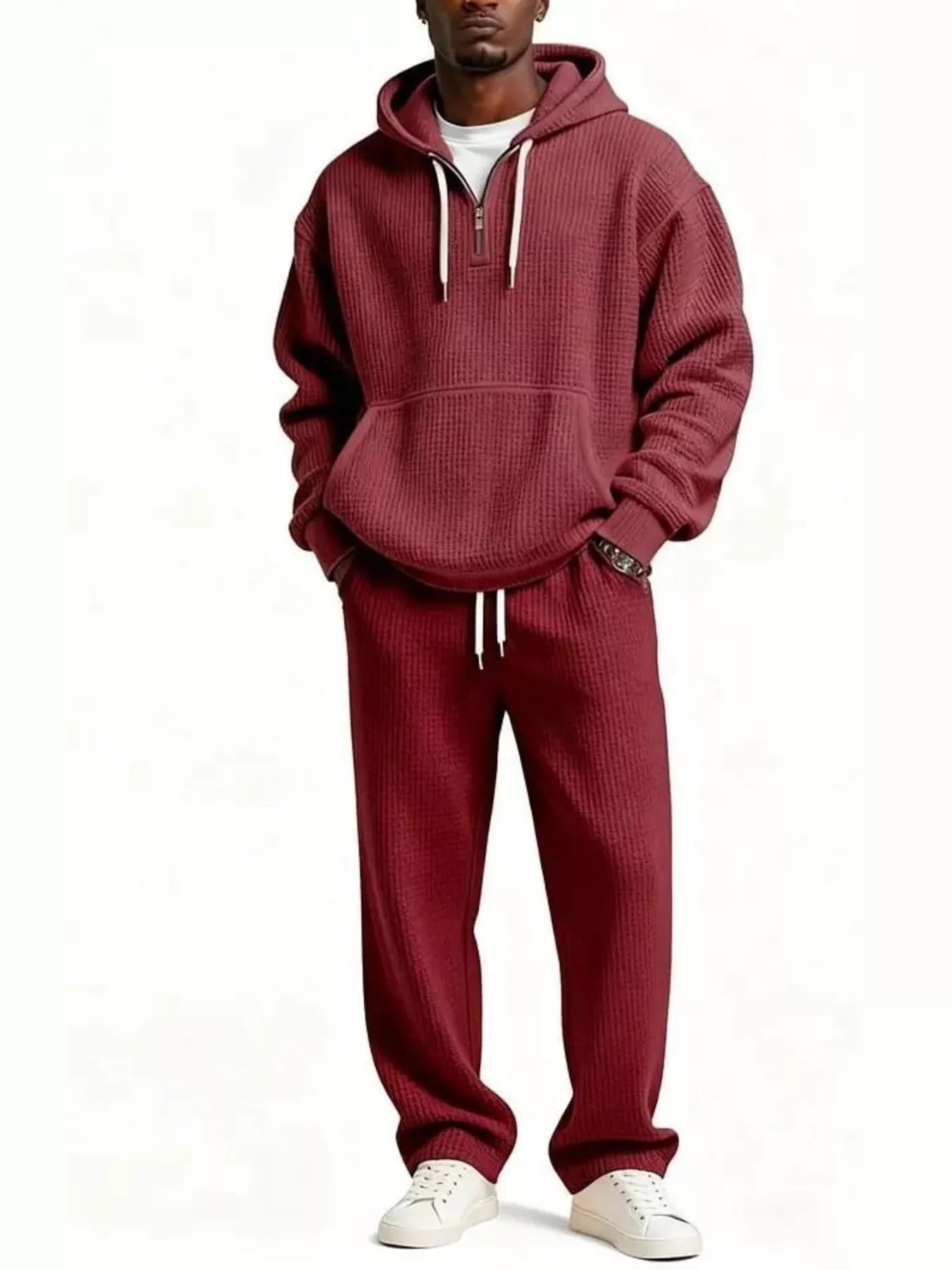 Men's casual two-piece waffle knit hoodie and pants set in rust orange color, oversized plus size lounge outfit.