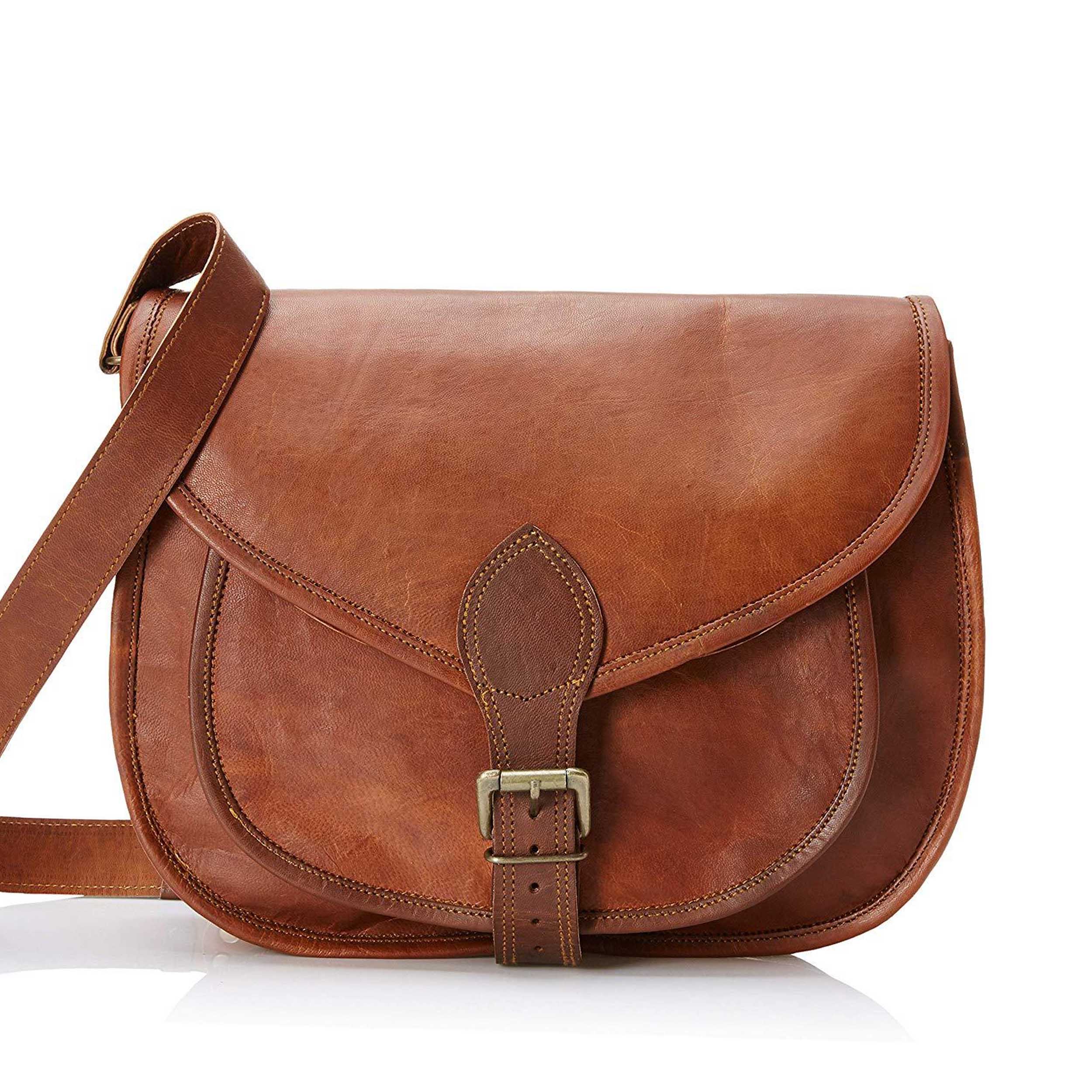 Brown leather satchel bag on a white background