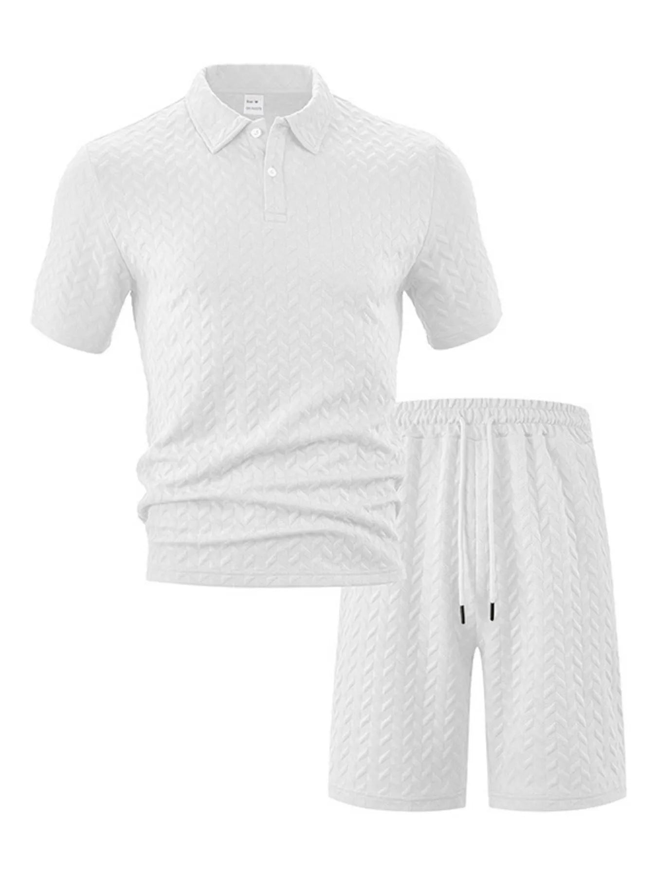 Crisp white textured knit two-piece matching resort casual outfit for men.