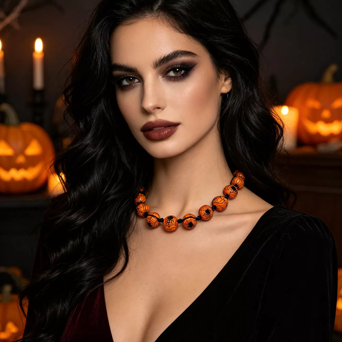 A woman with long dark wavy hair wears a chunky orange and black beaded necklace with carved pumpkin motifs, posed against a dark Halloween-themed background with lit candles and jack-o'-lanterns.