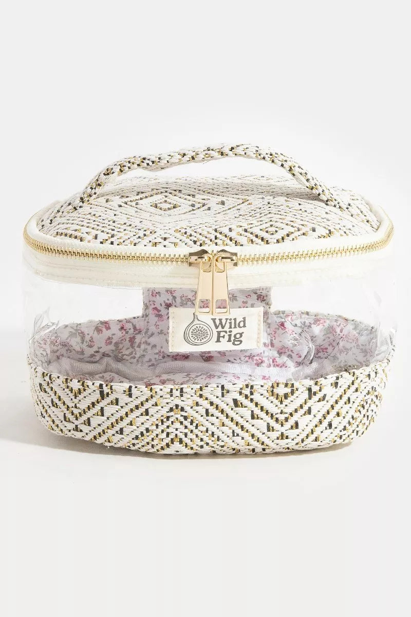Cosmetic bag with a visible brand logo on a white background