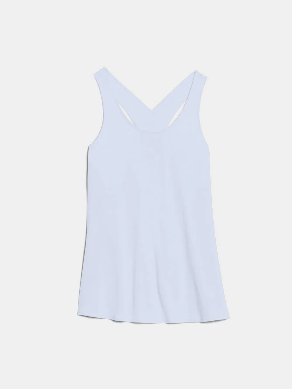Front view of a model styling the luxury light blue sleeveless athletic tank top