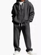 Men's dark gray waffle weave casual hoodie and pants set, comfortable plus size streetwear clothing.