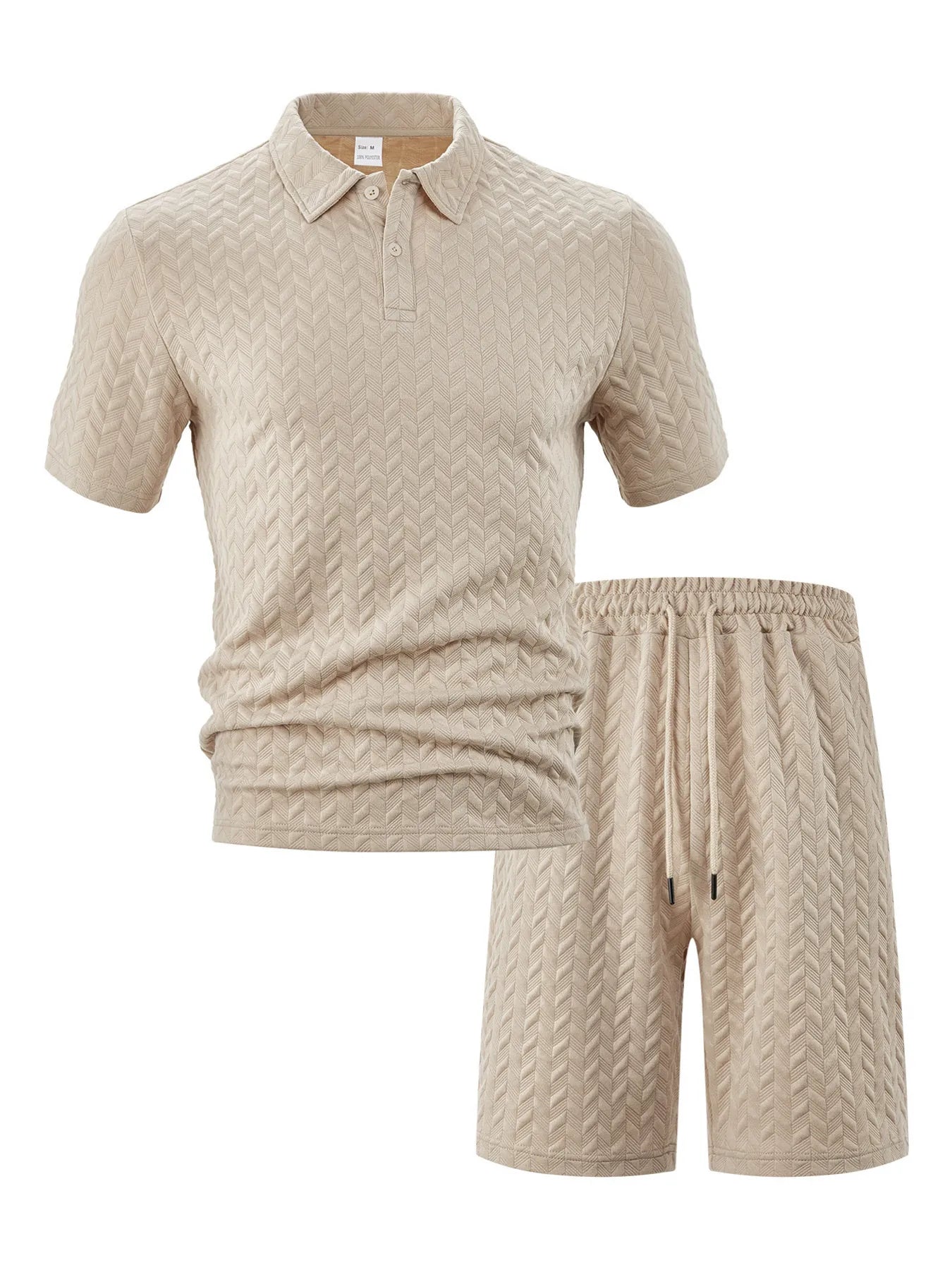 Men's relaxed fit textured knit short-sleeve polo and shorts matching co-ord set in a classic khaki tan.