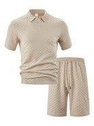 Men's relaxed fit textured knit short-sleeve polo and shorts matching co-ord set in a classic khaki tan.