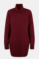 Wine turtleneck sweater dress with pockets and long sleeves.