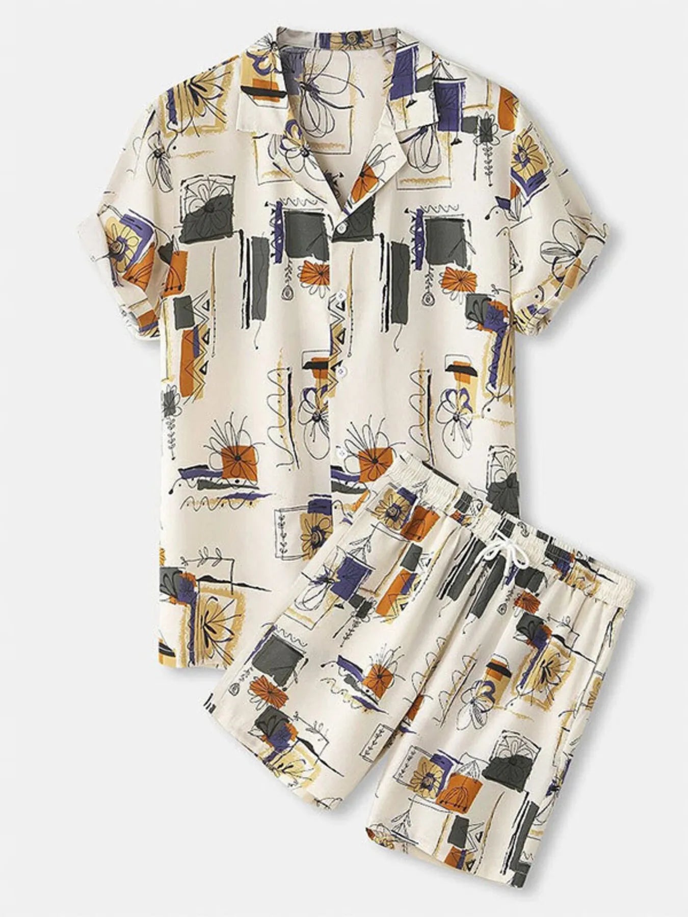 Men's plus size two-piece outfit featuring a khaki printed short-sleeve button-up shirt and matching shorts set.