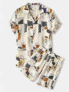 Men's plus size two-piece outfit featuring a khaki printed short-sleeve button-up shirt and matching shorts set.
