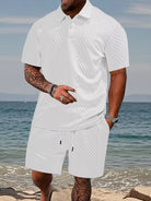 Crisp white textured knit two-piece matching resort casual outfit for men.