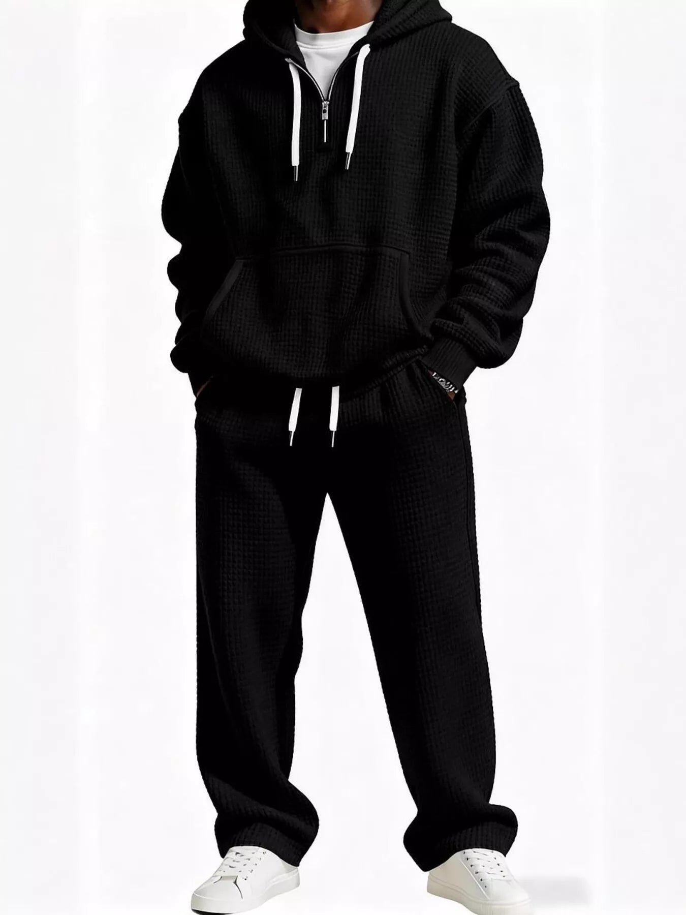 Men's plus size black waffle knit hooded sweatshirt and matching jogger pants set, relaxed fit streetwear.
