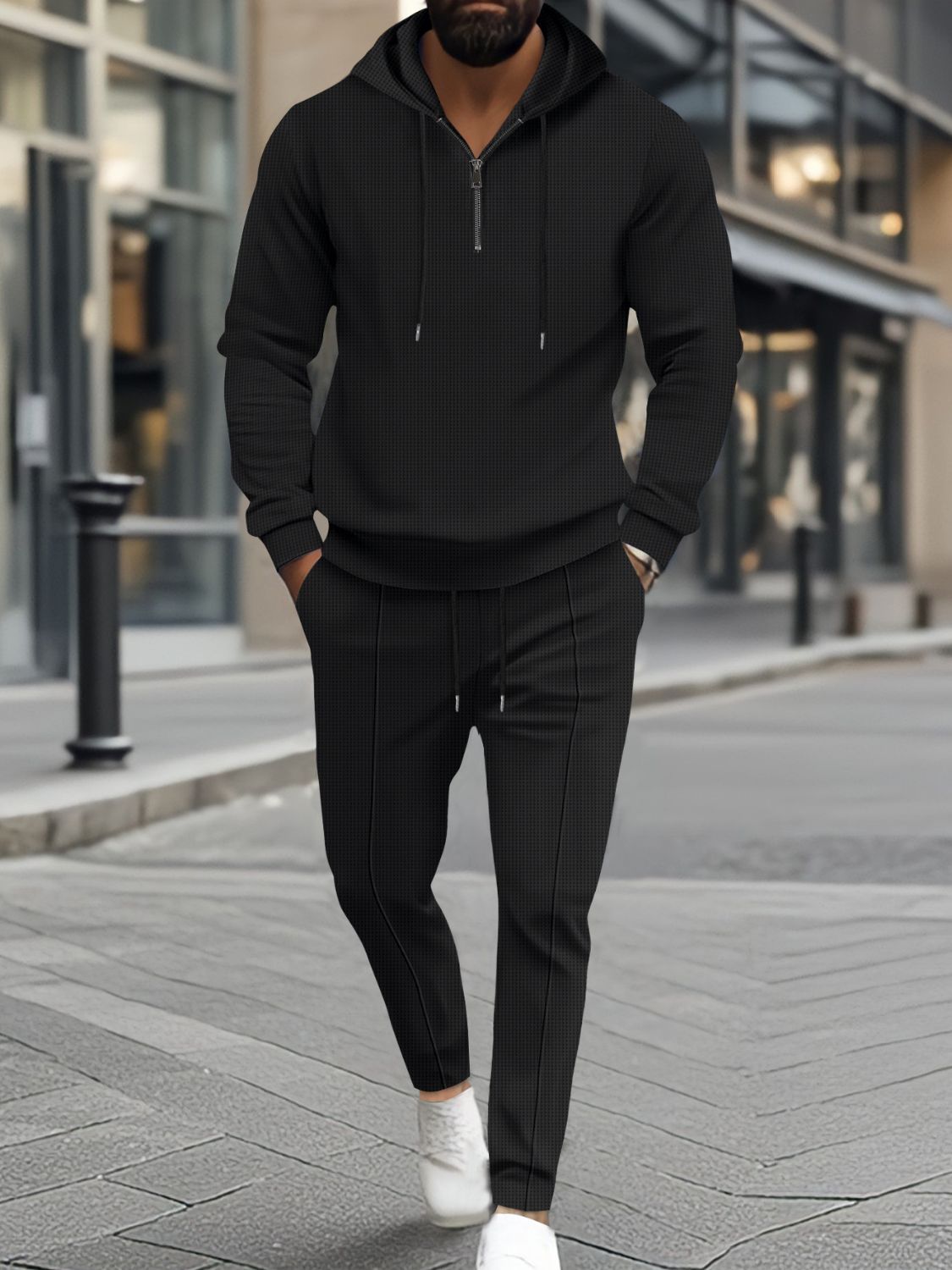Elevate your activewear with our Men's Full Size Waffle-Knit Half Zipper Hoodie and Pants Set! Made for jogging, gym, or everyday wear, this set is designed with comfort and style in mind. Available in a range of plus sizes and neutral colors to suit any man's wardrobe.