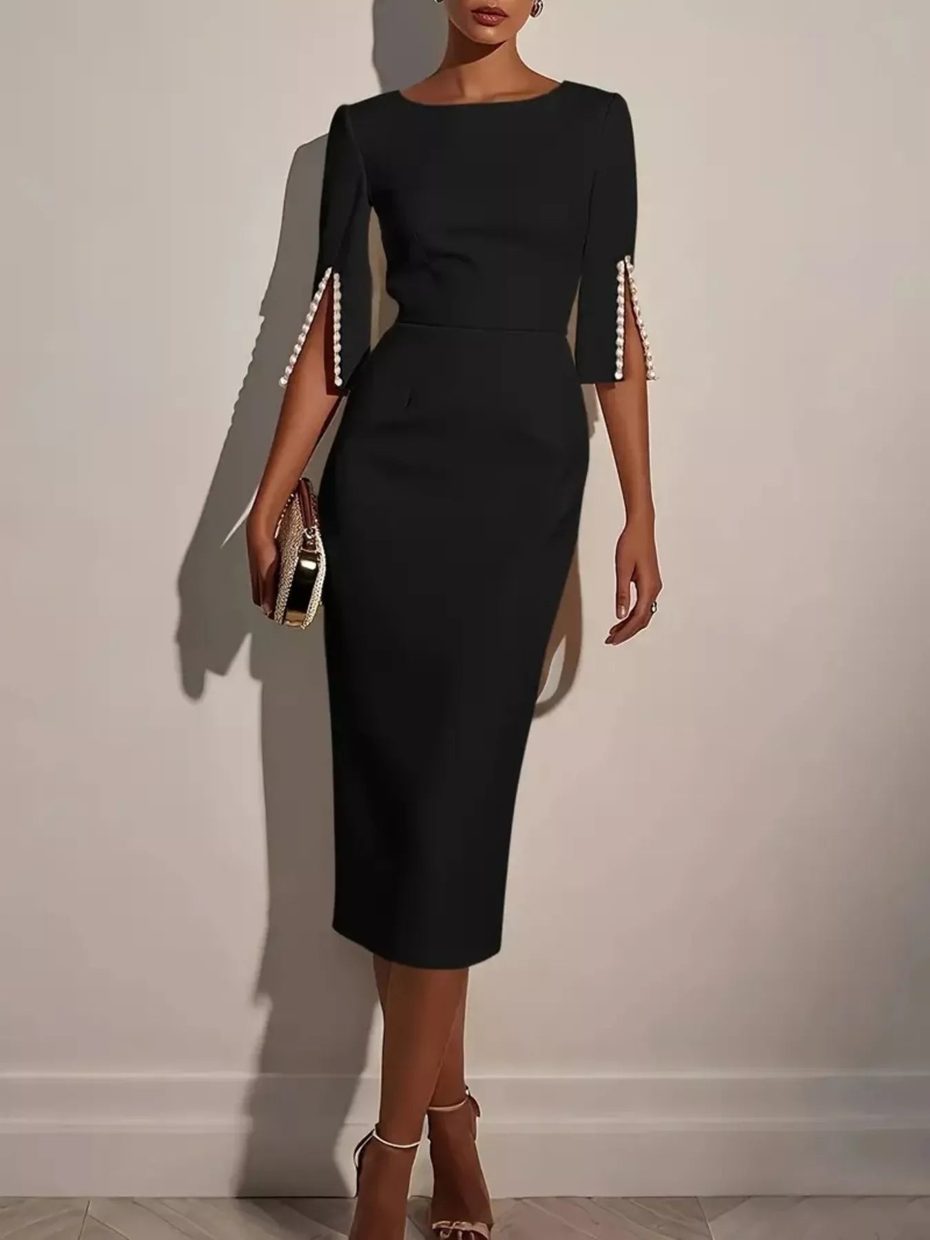 Elegant Black Midi Dress with Beaded Slit Sleeves