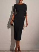 Elegant Black Midi Dress with Beaded Slit Sleeves