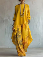 Person wearing a yellow outfit with a textured pattern against a plain background