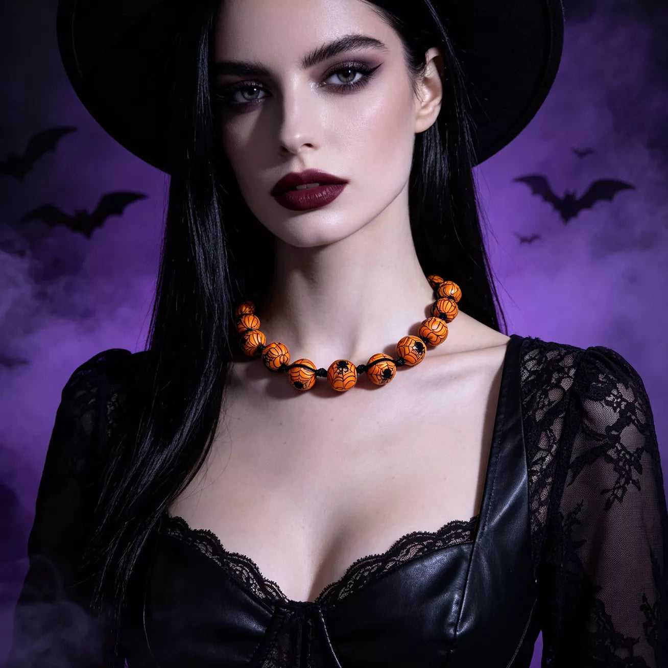 A woman wearing a black witch hat and black lace-trim clothing, styled with a chunky orange and black beaded necklace, set against a dark purple background with silhouettes of bats.