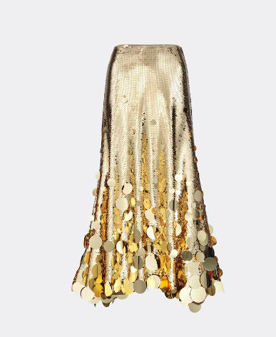 Gold sequin skirt on a white background