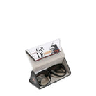 Black sunglasses in a branded case on a white background