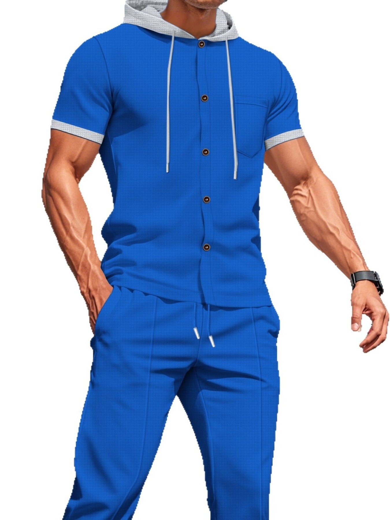A man wearing a matching royal blue two-piece tracksuit with a short-sleeve button-front hoodie top and coordinating pants, shown against a plain white background.