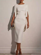 Elegant White Midi Dress with Beaded Slit Sleeves