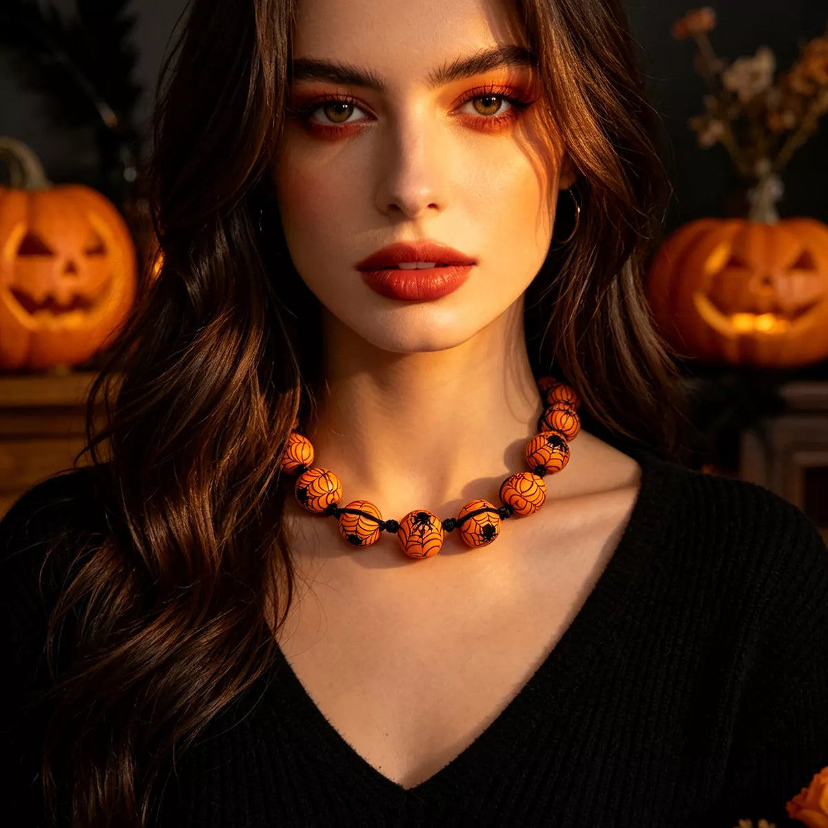 A woman with long wavy brown hair and warm-toned makeup wears a chunky beaded necklace made of orange and black pumpkin-shaped beads. She is dressed in a black V-neck top, with glowing jack-o'-lanterns visible in the dark background.