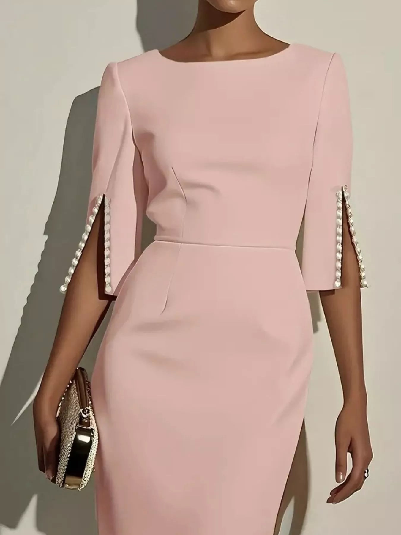 Elegant Pink Midi Dress with Beaded Slit Sleeves