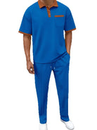Man wearing a blue polo shirt and pants with brown accents on a white background