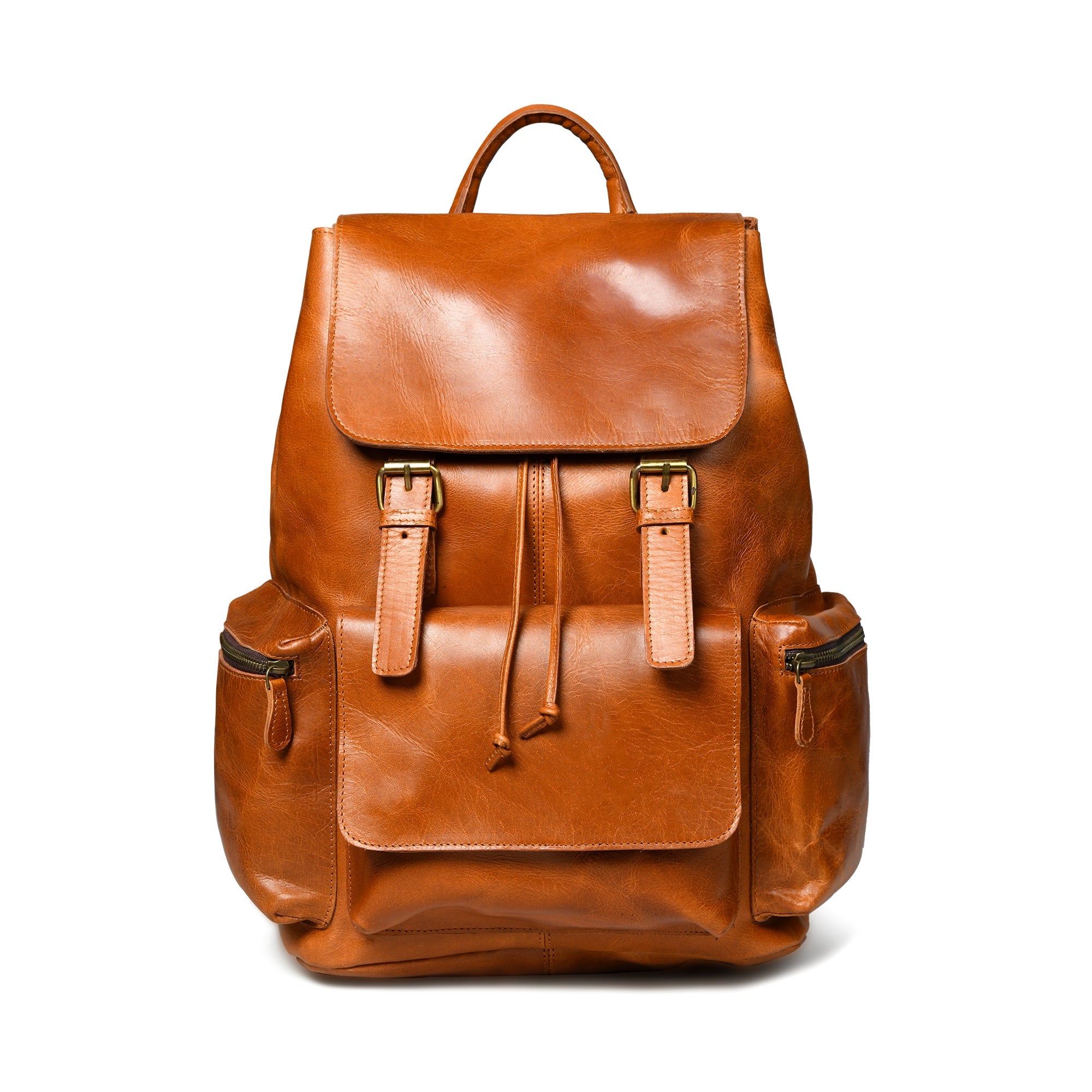 Brown leather backpack on a white background
