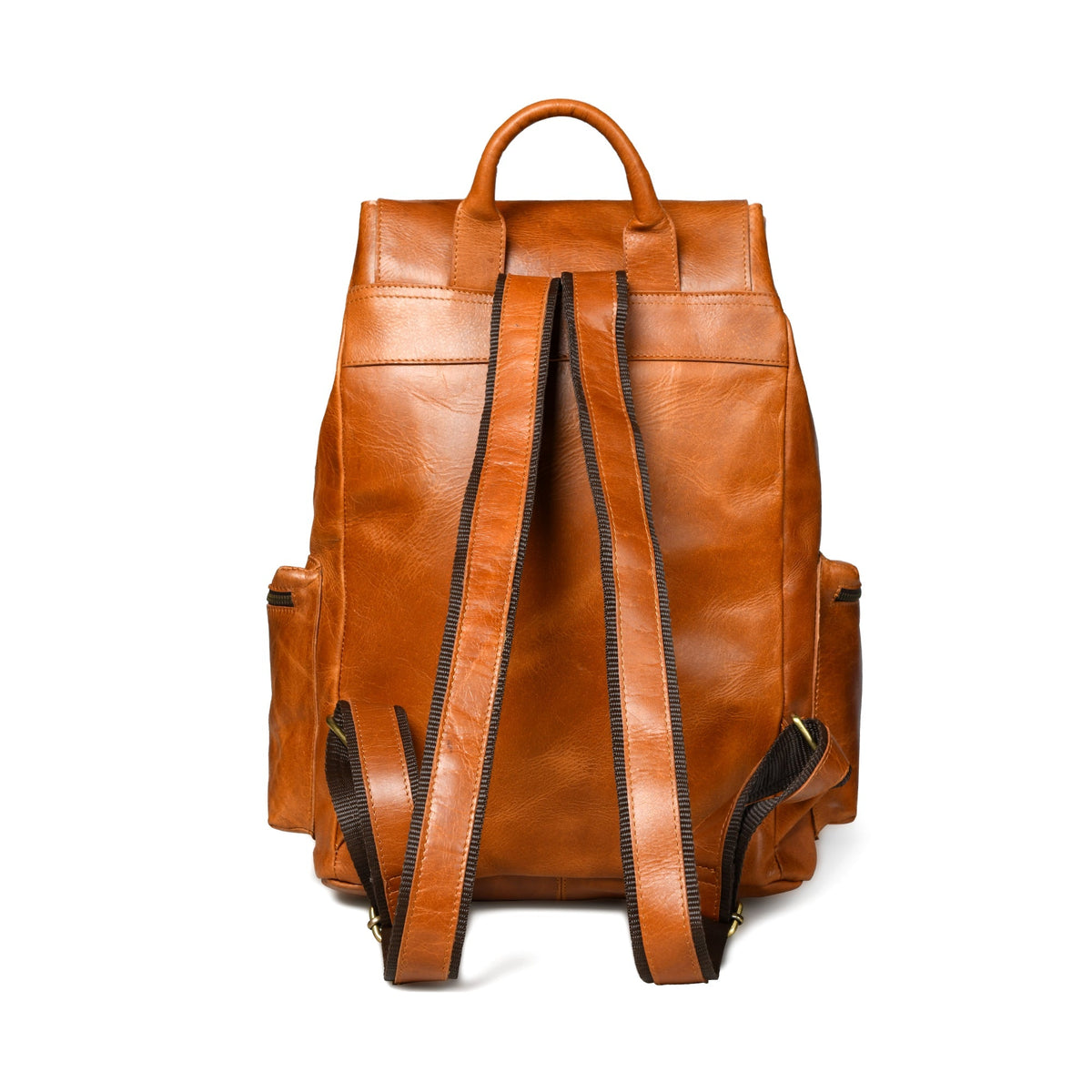 leather straps on the back of the Brown leather backpack on a white background