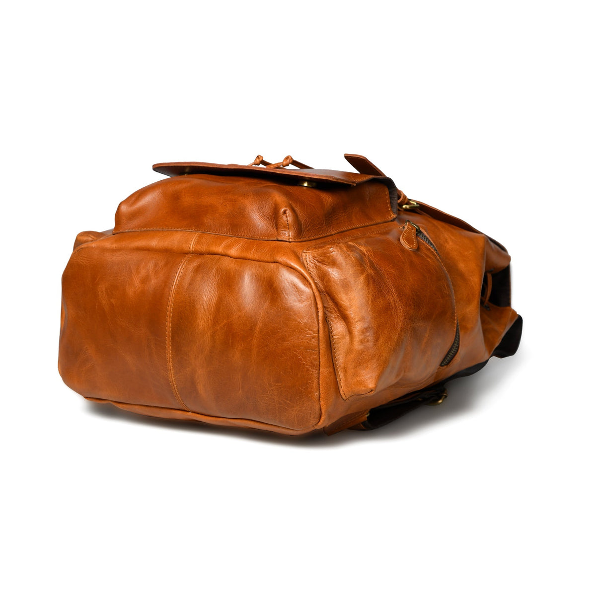 Brown leather duffel bag on a white background