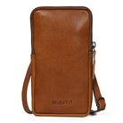 Brown leather crossbody bag with 'MaheTri' branding on a white background