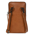 Brown leather crossbody bag with a strap on a white background